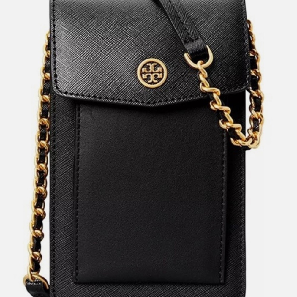 Tory Burch Black Robinson Mixed Media Phone Crossbody Purse Bag
